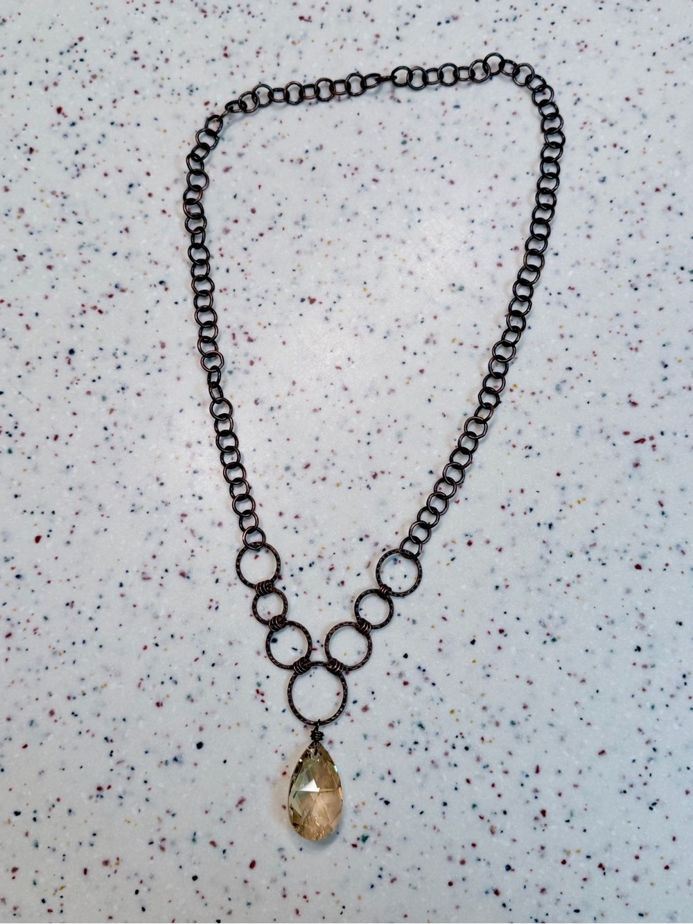 Delicate Brown Chain Necklace with Faceted Champagne Swarovski Teardrop Pendant